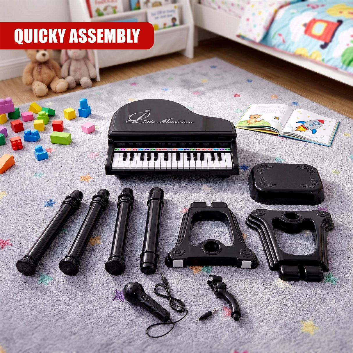 Black Electronic Piano With Microphone and Stool