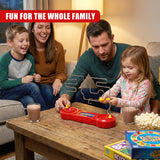 A family plays the wire game, placing connected wires into the red base unit on a wooden table.