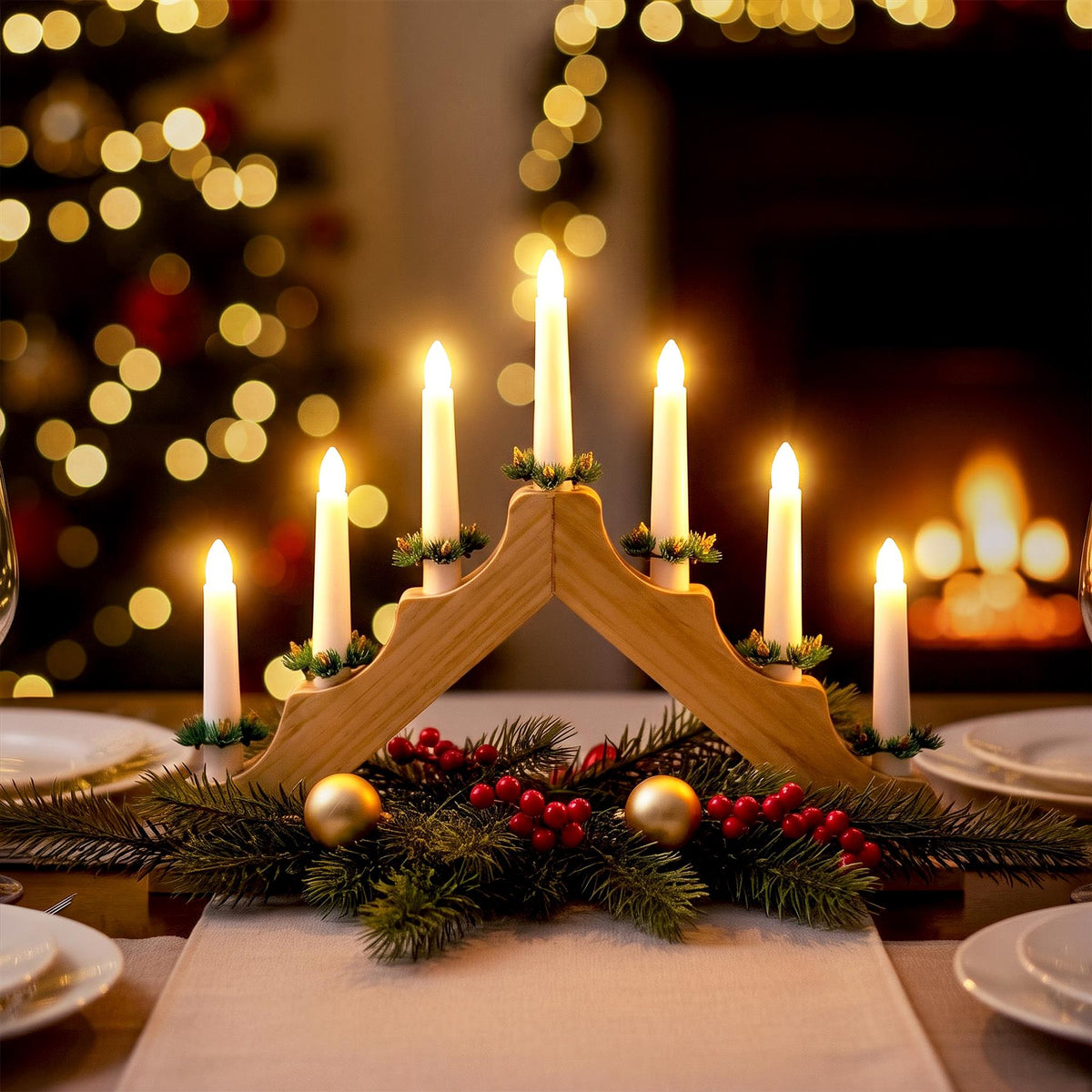 Wooden Candle Bridge with 7 LED Lights