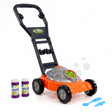Toy bubble mower features an orange body, black handle, four wheels, and two purple liquid bottles.