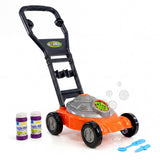 Toy bubble mower features an orange body, black handle, four wheels, and two purple liquid bottles.