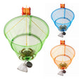 Three crab drop nets in green, blue and orange with weights and bait bags shown against a white background