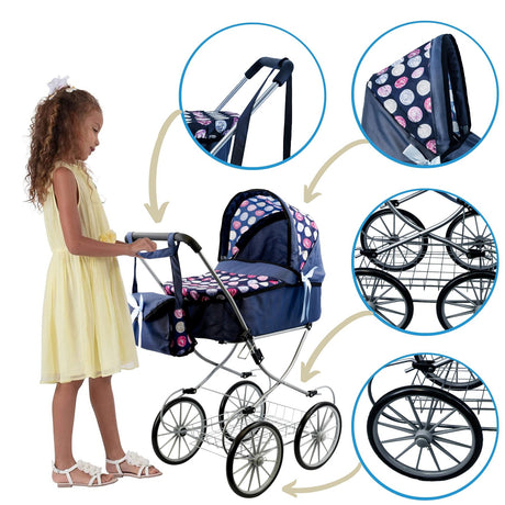 Navy Blue Dolls Vintage Cambridge Pram by The Magic Toy Shop - UKBuyZone