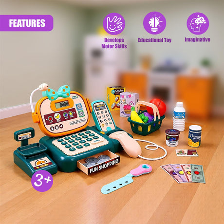 A colorful, interactive playset for kids, featuring a toy cash register, play money, and various food and shopping items. - UKBuyZone