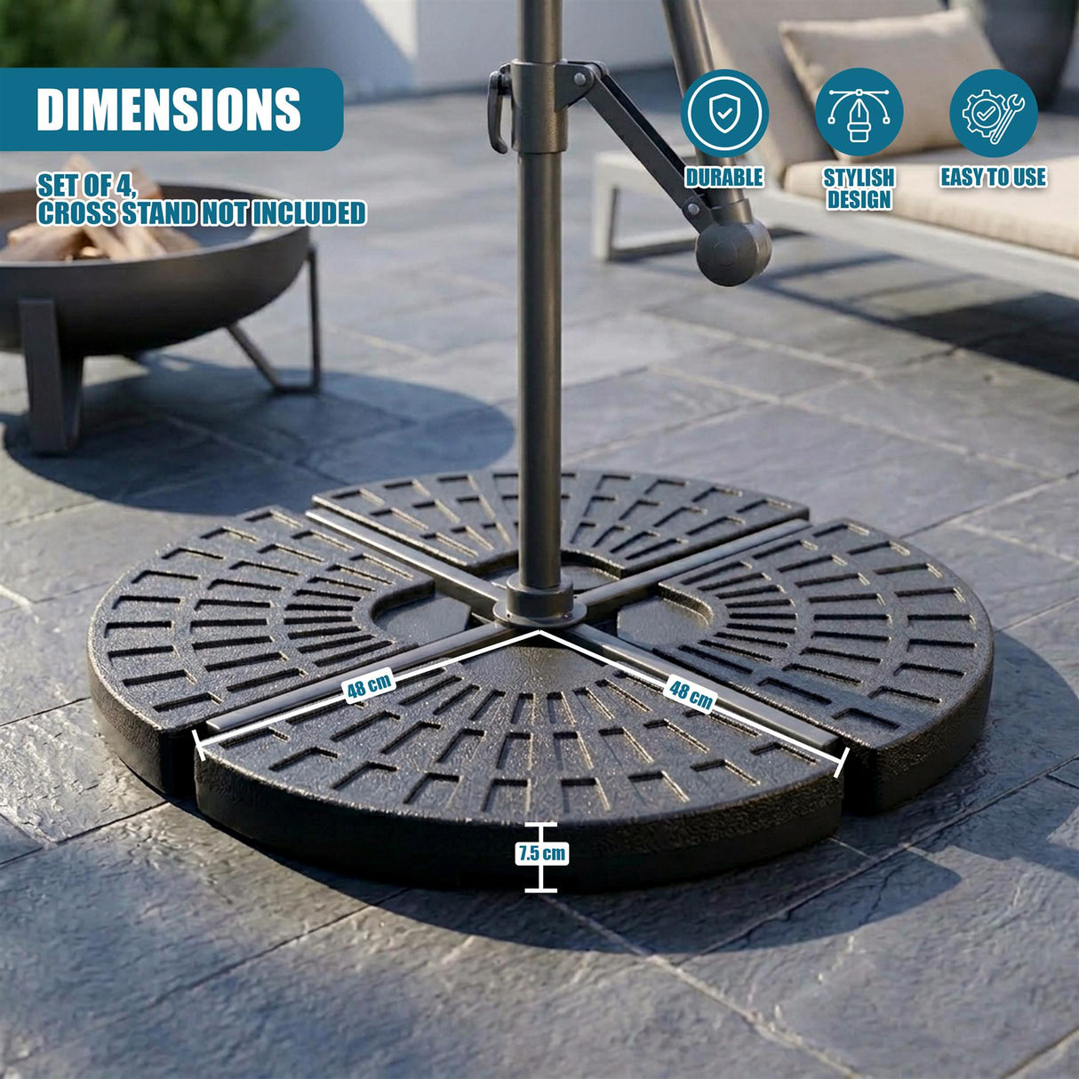 Round, four-section metal parasol base with pole mount, measuring 48 cm wide and 7.5 cm thick.