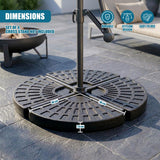 Round, four-section metal parasol base with pole mount, measuring 48 cm wide and 7.5 cm thick.