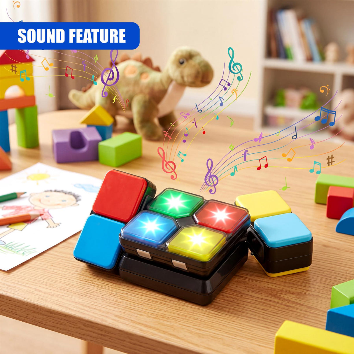 Handheld cube toy features six colored panels on a removable black base, arranged in a square pattern.