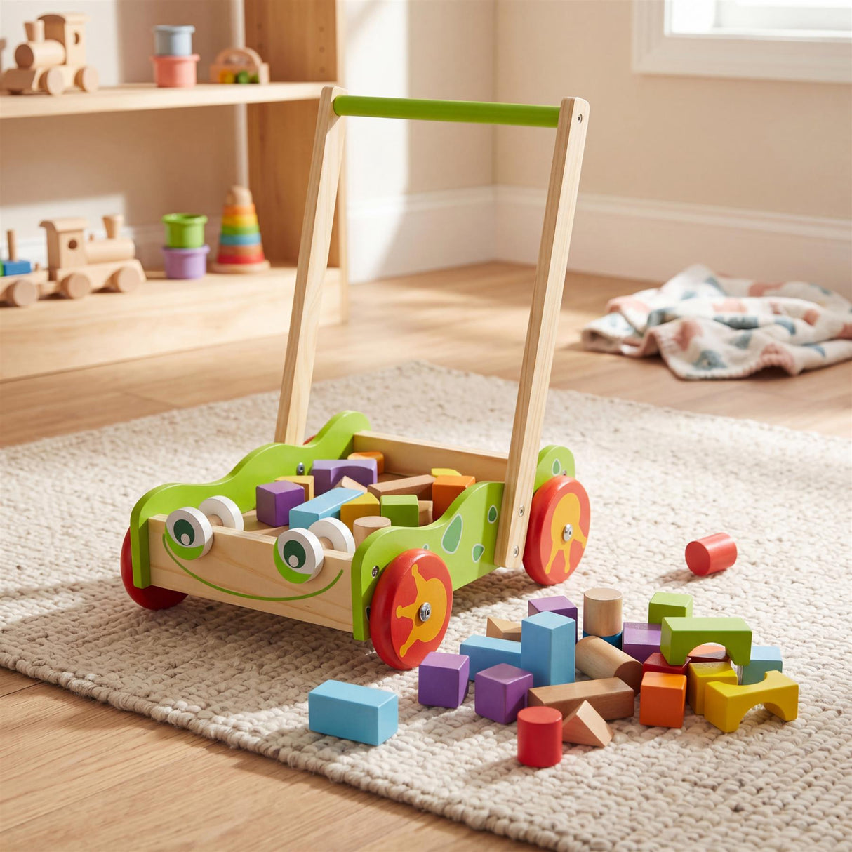 Green wooden baby walker toy displayed on a rug, accompanied by a tall wooden stand and scattered colored blocks.