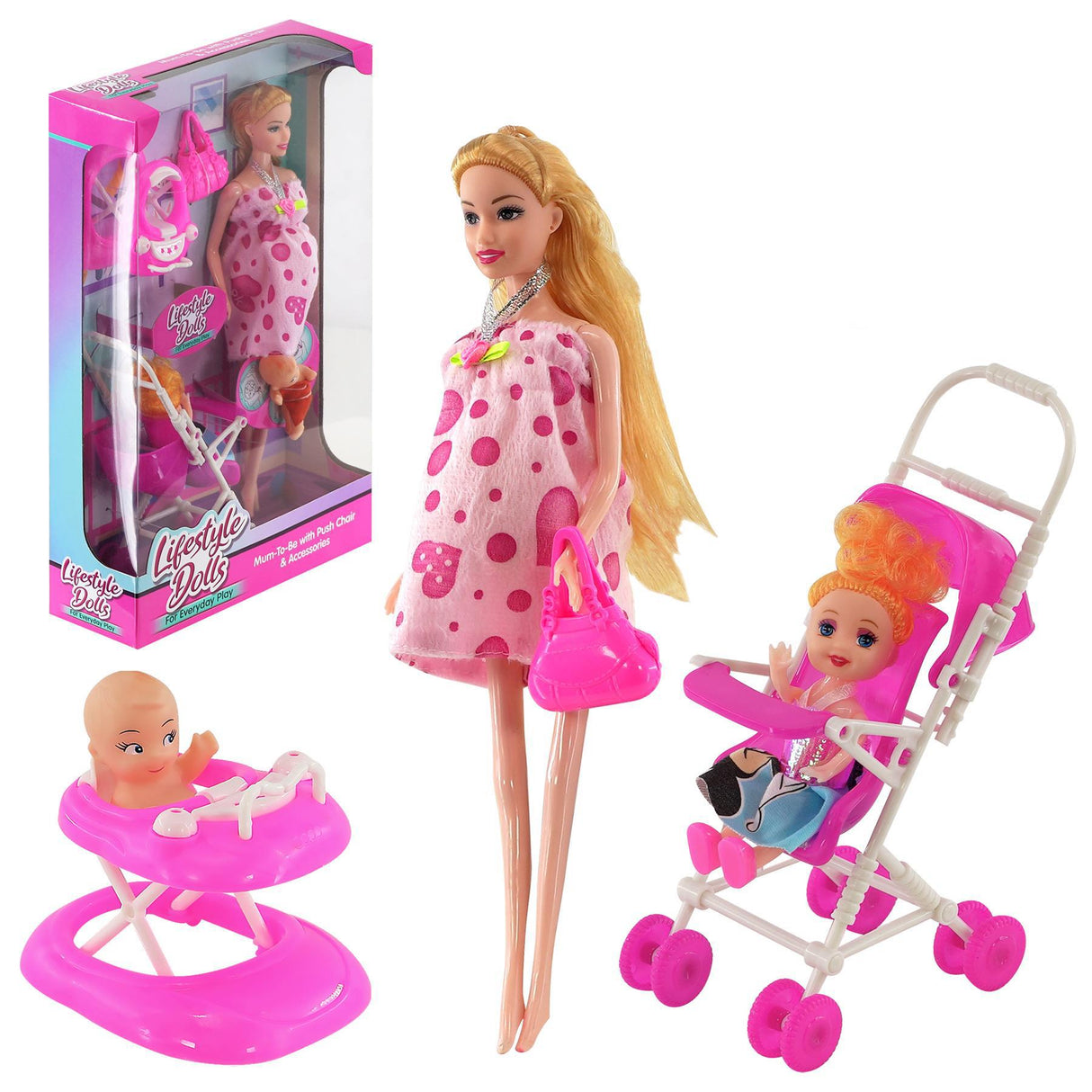 Collection of dolls featuring a pregnant woman, stroller, and attached baby accessories.