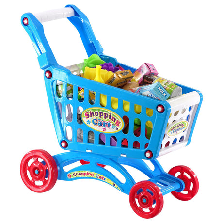 "Colorful child's play shopping cart filled with toy food items, including candy and vegetables." - UKBuyZone