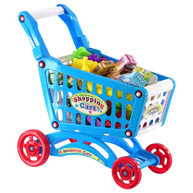 "Colorful child's play shopping cart filled with toy food items, including candy and vegetables." - UKBuyZone