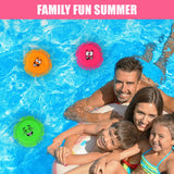 The image displays a family enjoying time together in a swimming pool with floating disc toys.