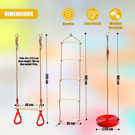 Wooden Trapeze Swing, Rope Ladder & Red Plate Seat by The Magic Toy Shop - UKBuyZone