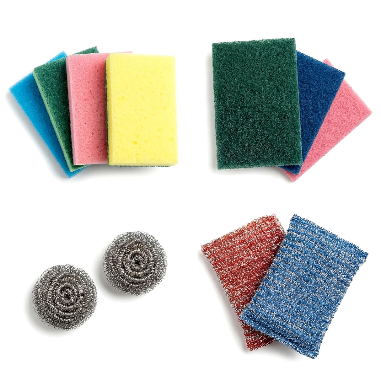 Set of sponges, colorful scourers, circular scrubbers, and rectangular abrasive pads for kitchen cleaning.