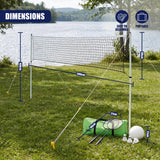 A diagram showing a 2-in-1 complete badminton and volleyball set on grass by a lake, displaying dimensions and accessories