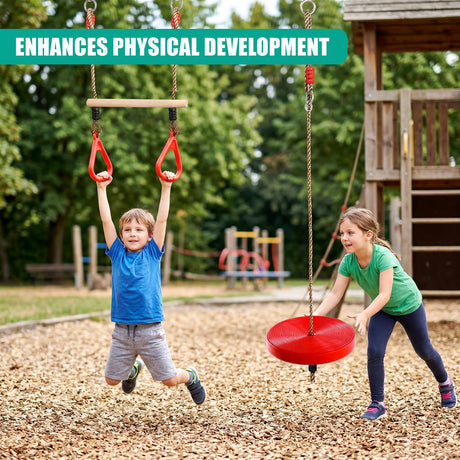 Two children play on a swing set at a playground, using the trapeze and swing seat.