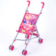 Pink toy stroller features a canopy with colorful scribbles and a sturdy silver metal frame.