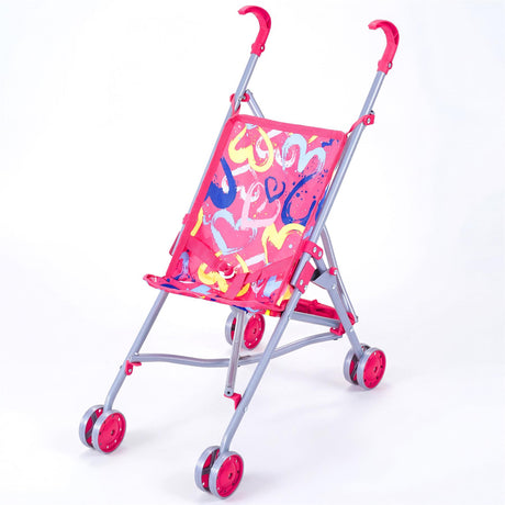 Pink toy stroller features a canopy with colorful scribbles and a sturdy silver metal frame.