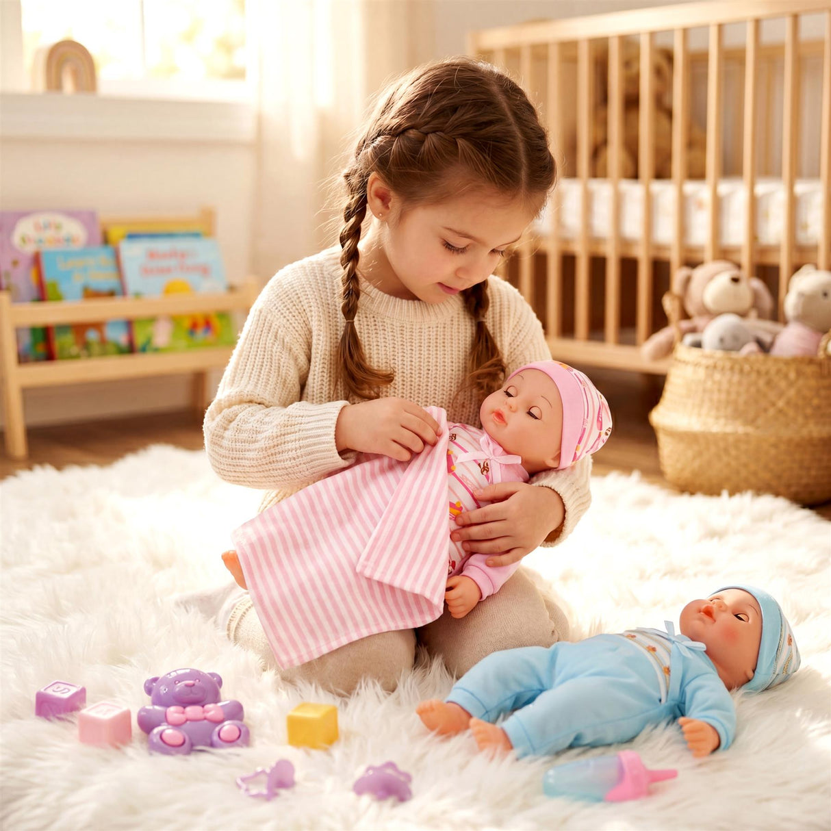 A girl interacts with two dolls and small accessories arranged on a white carpet.