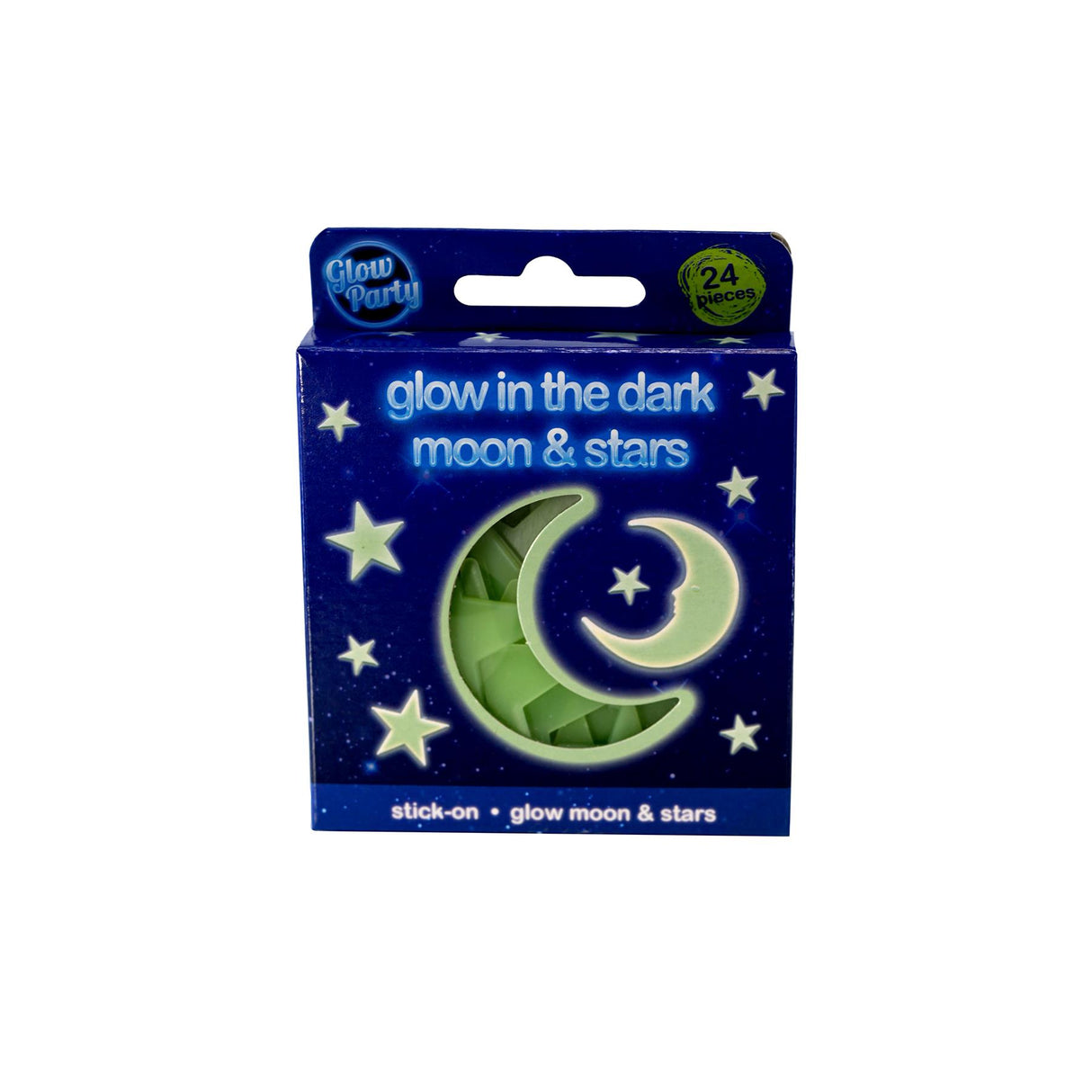 A box of glow-in-the-dark stickers featuring a crescent moon and stars. The box is dark blue with a crescent moon and stars in a lighter green glow. The words "Glow in the Dark" are written in a neon blue font. - UKBuyZone
