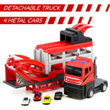 Red and black toy catapult truck structure with a removable cab and four accompanying metal cars.