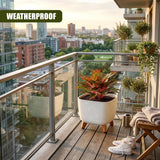 Cream ceramic flower pot with wooden legs holds a vibrant tropical plant on a wooden balcony.