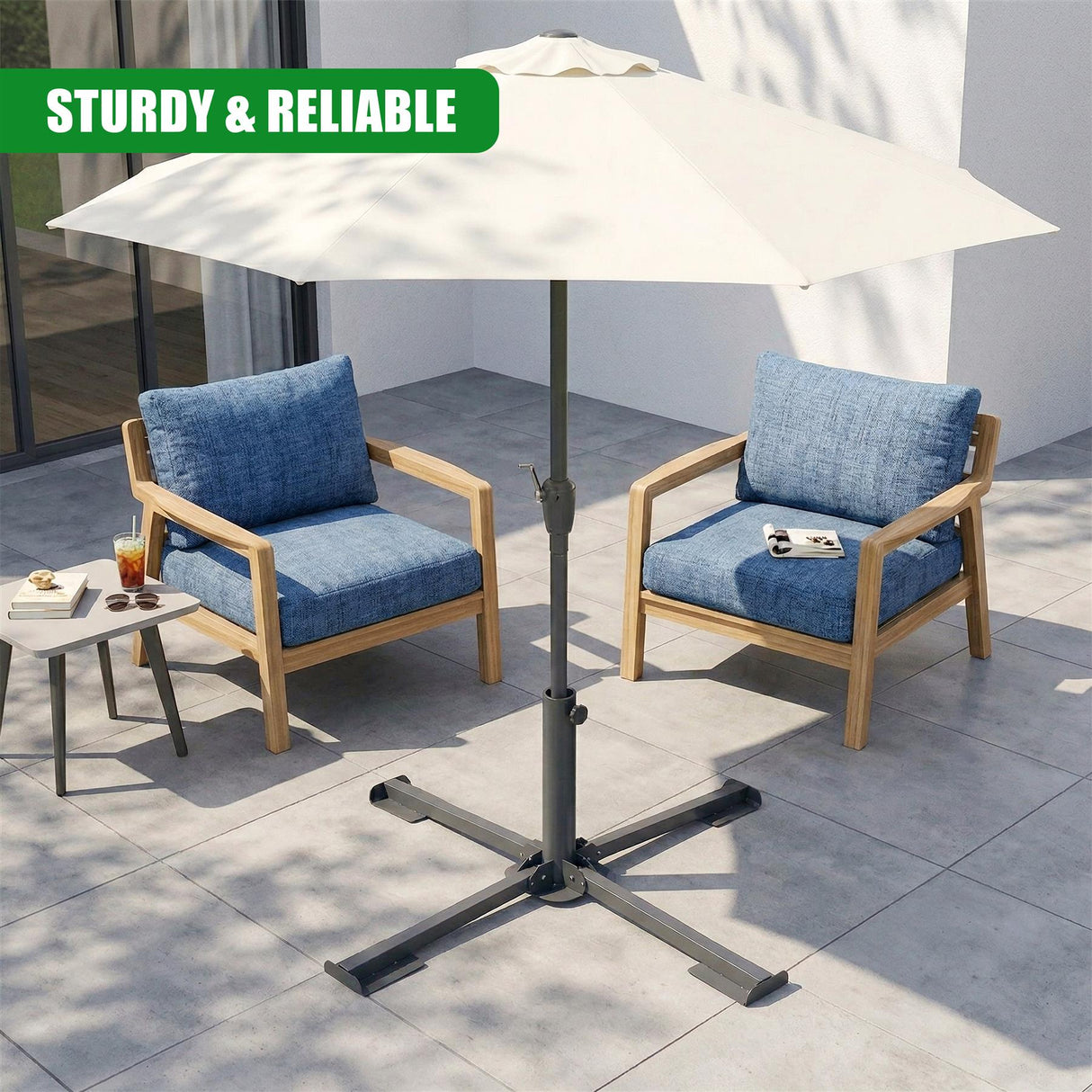 White patio parasol pole connects to a circular, foldable metal base on tiled outdoor flooring.