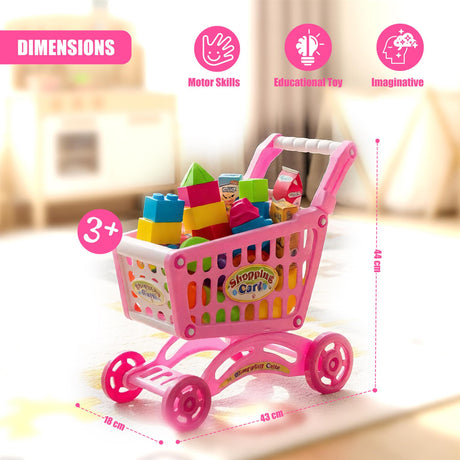 "Pink toy shopping cart with colorful play food. Miniature trolley set for kids. Includes pretend groceries." - UKBuyZone