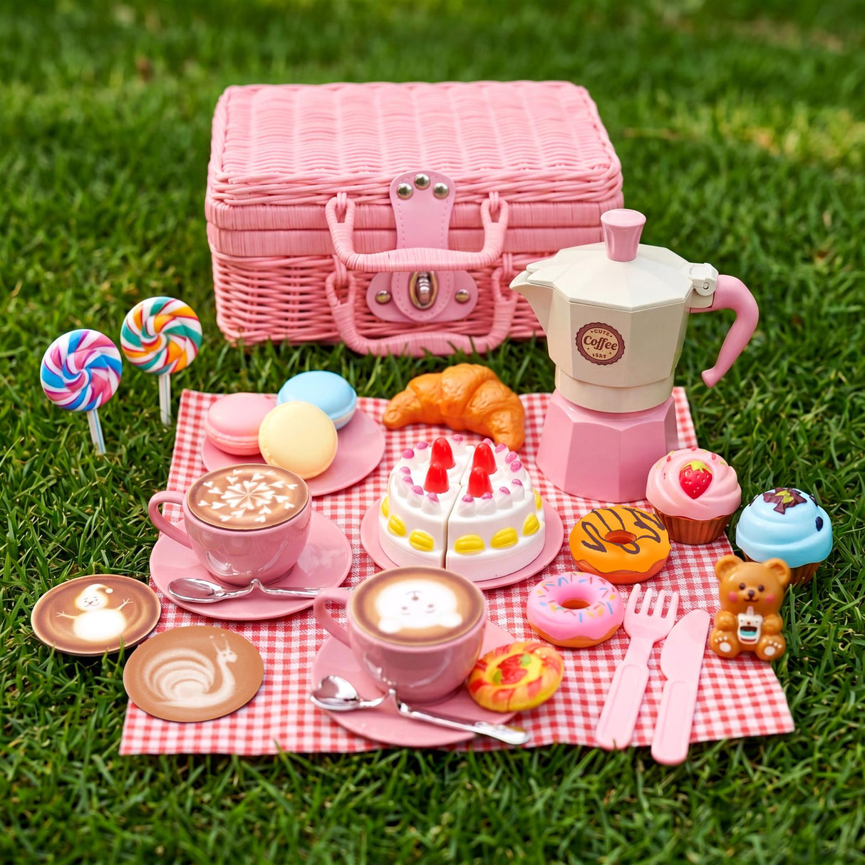 Pink miniature tea party set, snacks, teapot, and matching picnic basket arranged on a checkered blanket.