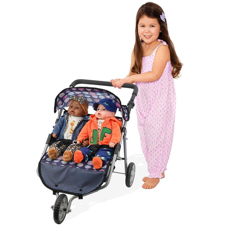 Blue twin doll pushchair with two dolls, shown next to a smiling young girl.