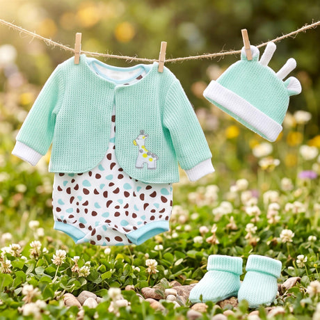 Mint green baby outfit set includes a jacket, patterned onesie, and matching mittens on a clothesline.