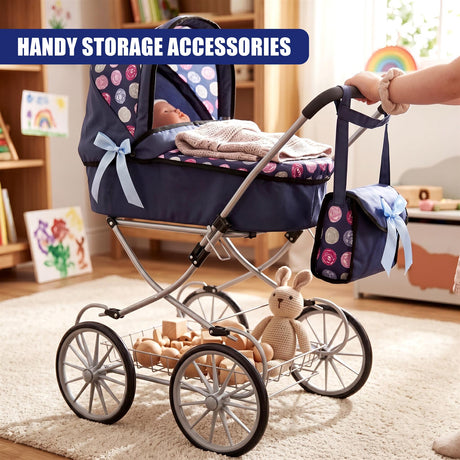 Navy blue doll pram set featuring a matching storage bag and attached wagon holding a plush toy.