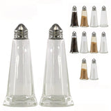 A set of twelve clear glass spice shakers, including two large containers and ten smaller labeled spice jars.