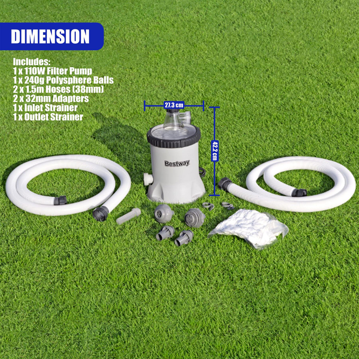 Filtration pump unit displays hoses, adapters, strainers, and a bag of polysphere balls components.