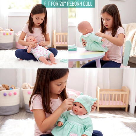 Mint green dress and matching hat are visible on a reborn doll being held by a child.