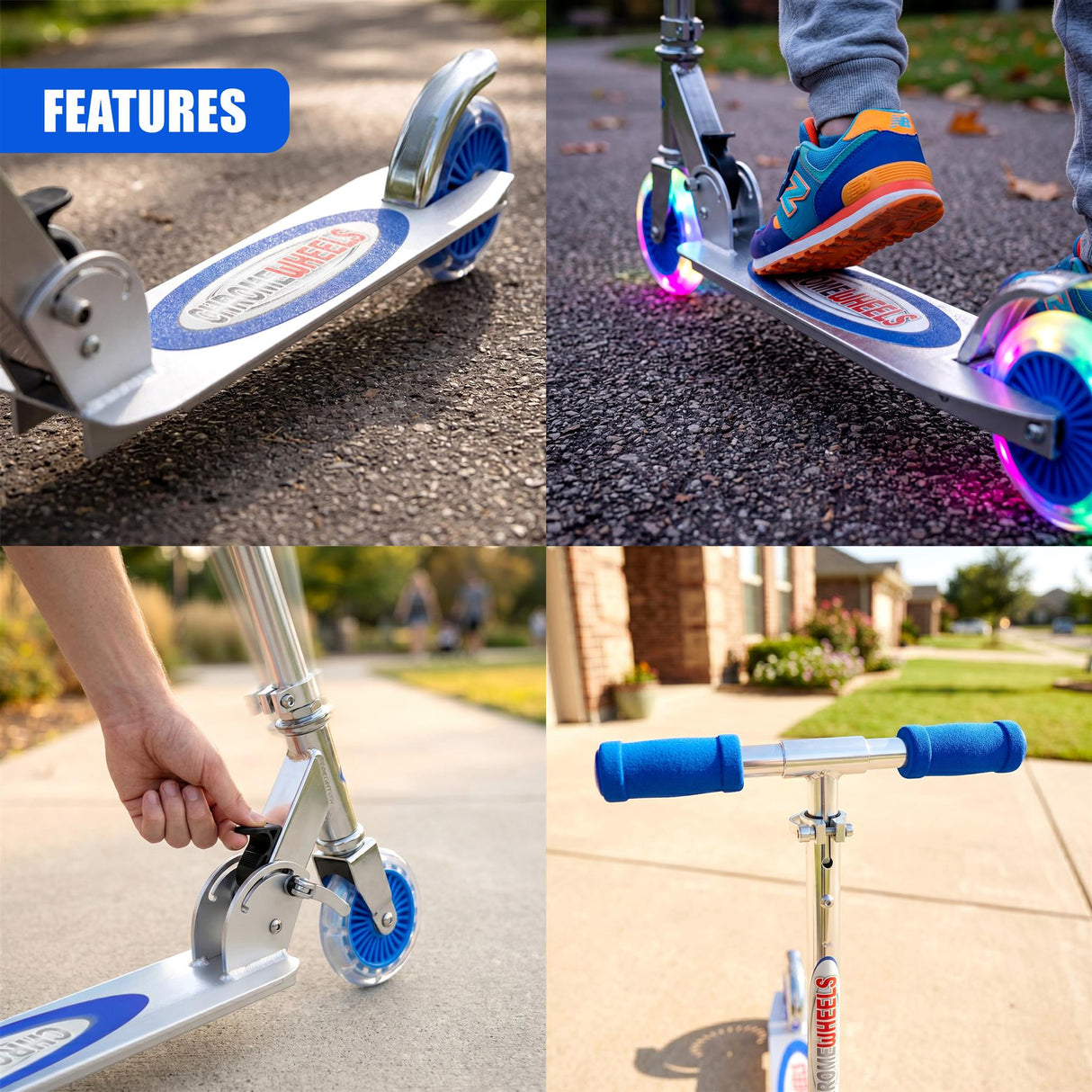 Close-up view of the blue scooter deck and front wheel on gray pavement.
Child riding the blue scooter on asphalt pavement, viewed from the side.
Hand adjusting the aluminum handle and front wheel of the blue scooter.
Blue scooter standing upright with visible handlebars and wheels on concrete.