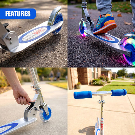 Close-up view of the blue scooter deck and front wheel on gray pavement.
Child riding the blue scooter on asphalt pavement, viewed from the side.
Hand adjusting the aluminum handle and front wheel of the blue scooter.
Blue scooter standing upright with visible handlebars and wheels on concrete.