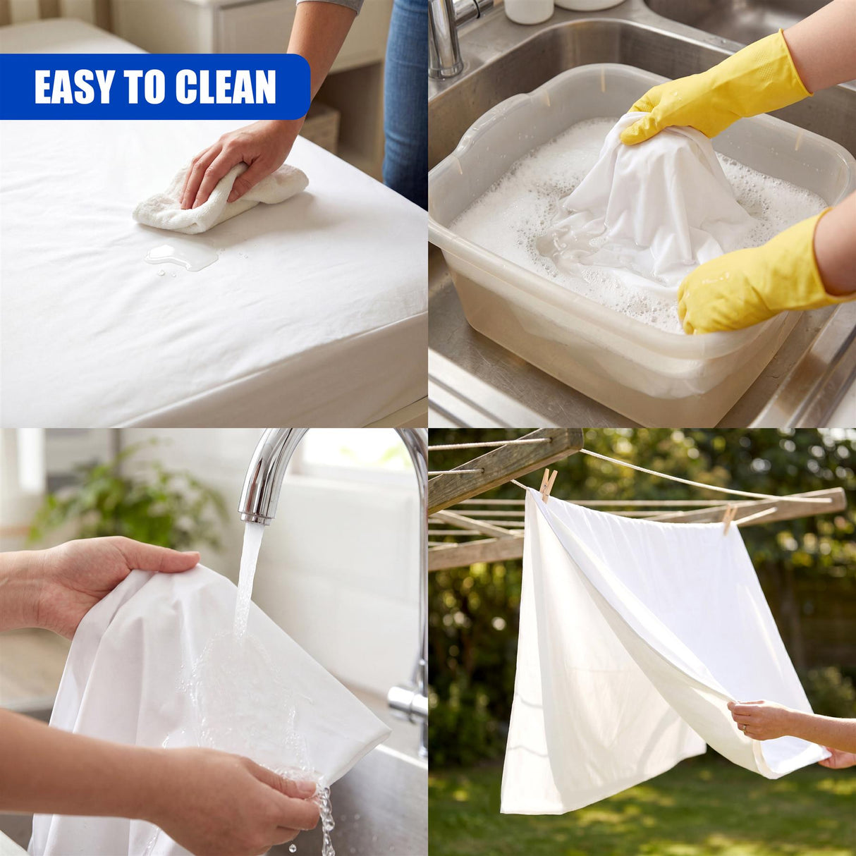 A white waterproof bed cover is shown being hand-washed in a sink and hanging outside to dry.