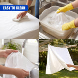 A white waterproof bed cover is shown being hand-washed in a sink and hanging outside to dry.