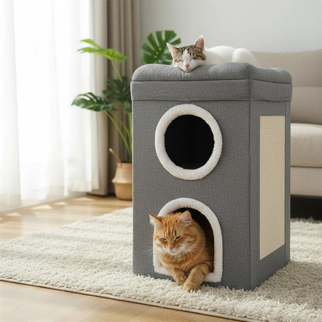 Small grey cat house in front of a white cat and an orange tabby cat. Two cats are laying inside the house, which has a peekaboo window on one side. - UKBuyZone