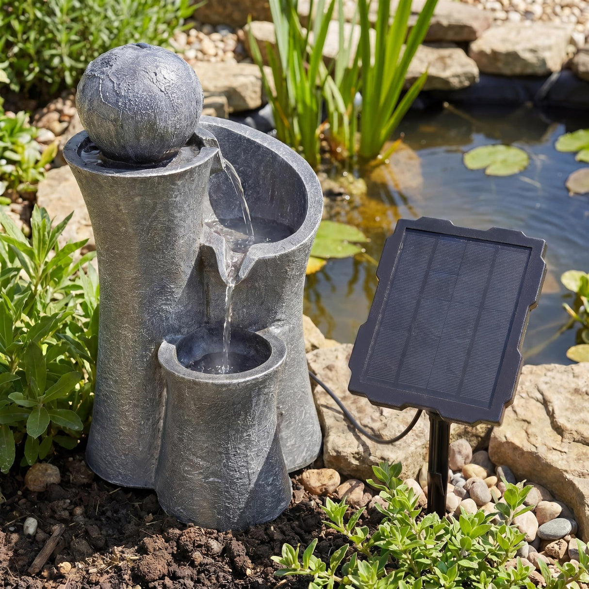 Solar Water Feature with Sphere on Top & LED Lights