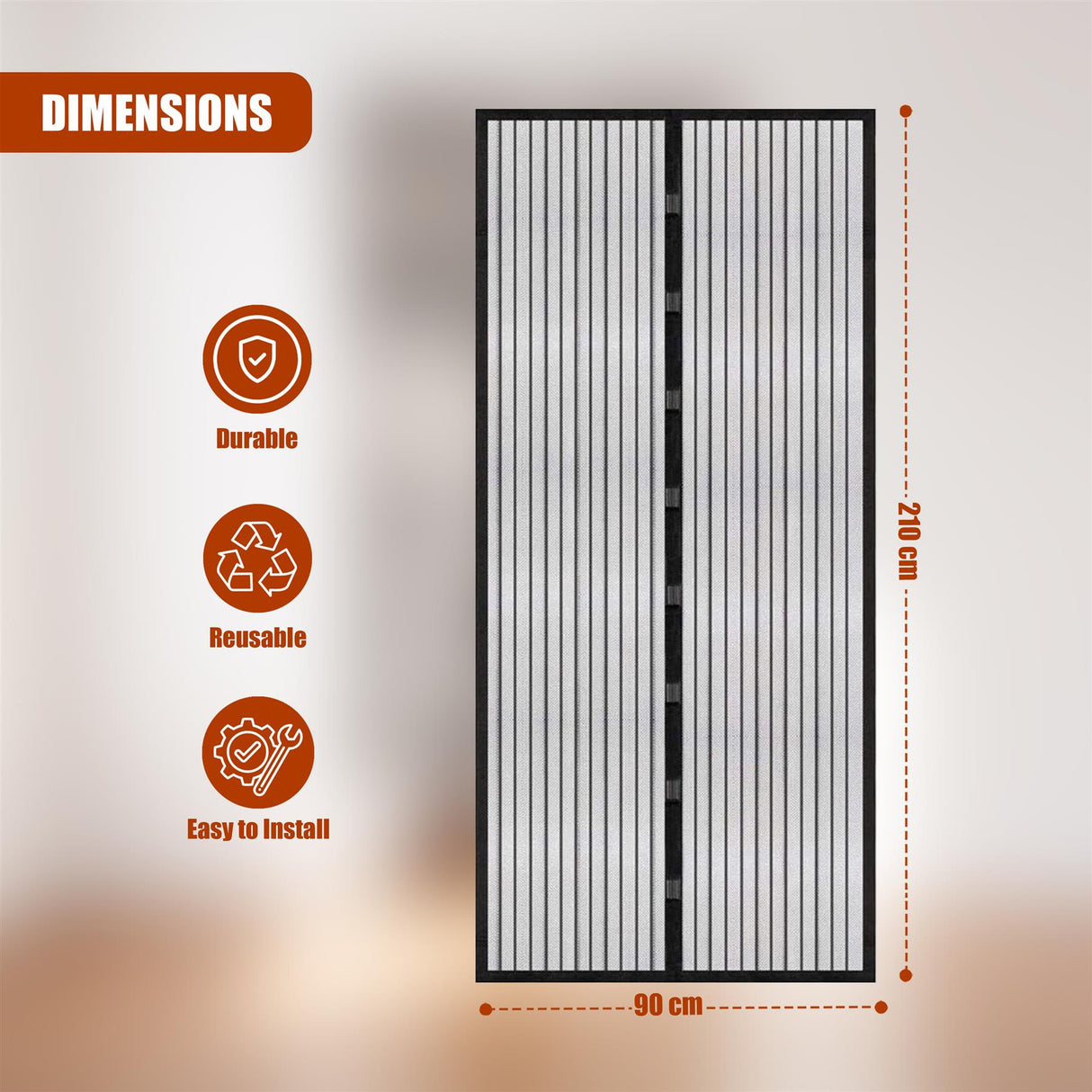 A foldable screen with a black frame and white screen, featuring a grid of vertical bars. The screen is shown in a vertical orientation, with measurements of 210 cm height and 90 cm width. - UKBuyZone
