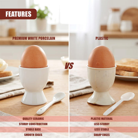 Ceramic egg cup holding a brown egg, compared to a plastic one; white porcelain with smooth edges versus plastic material
