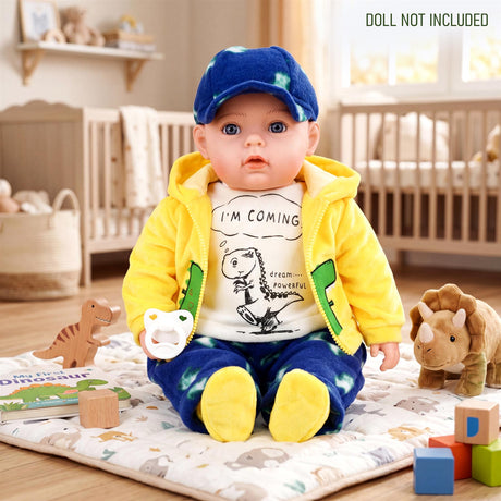 Doll modeled in a yellow hoodie and blue pants featuring a dinosaur graphic.