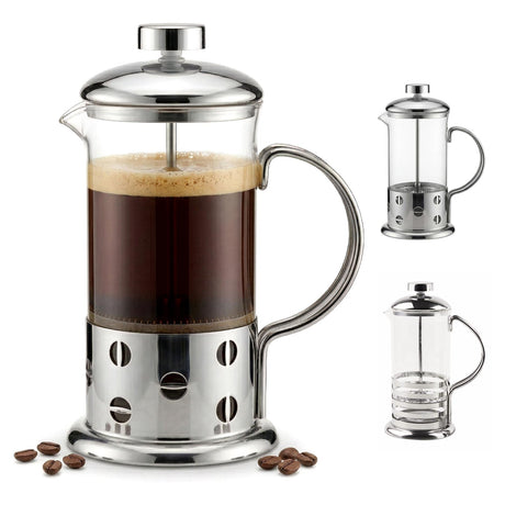 A large and two smaller stainless steel coffee carafes are pictured with coffee beans.