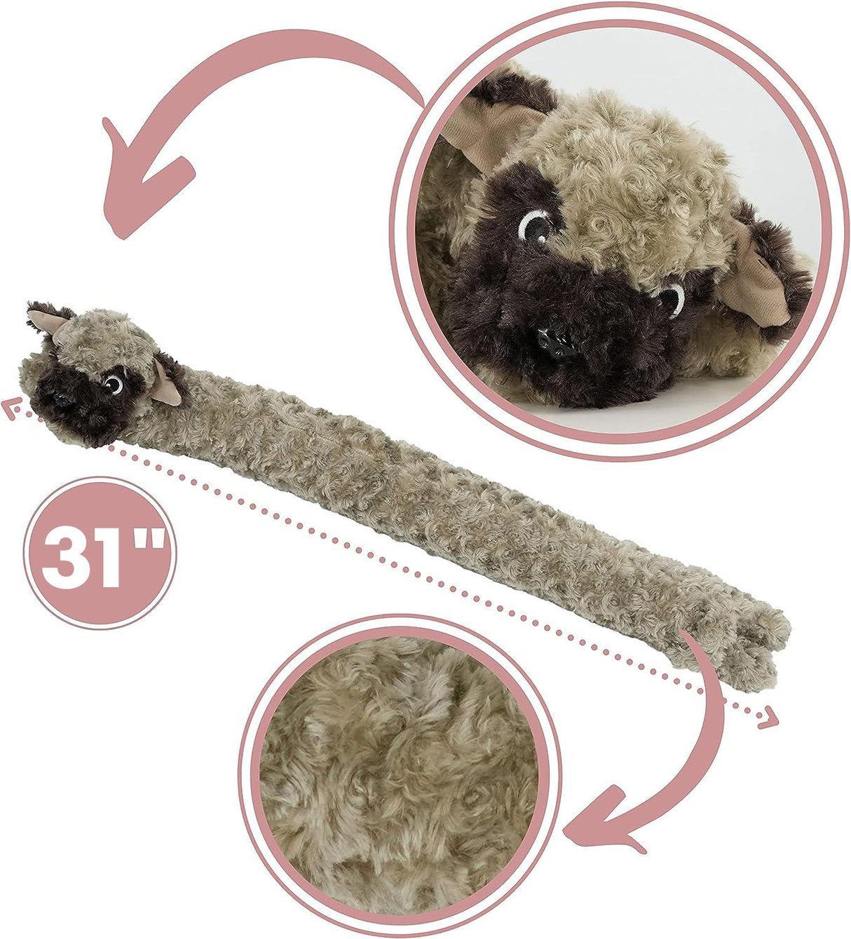 A plush dog-shaped draught excluder measuring 31 inches, featuring a fluffy brown and beige texture with a cute dog head at one end. The product is designed to keep drafts out from under doors.