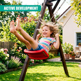 Wooden garden swing set featuring a red seat and attached overhead trapeze bar.