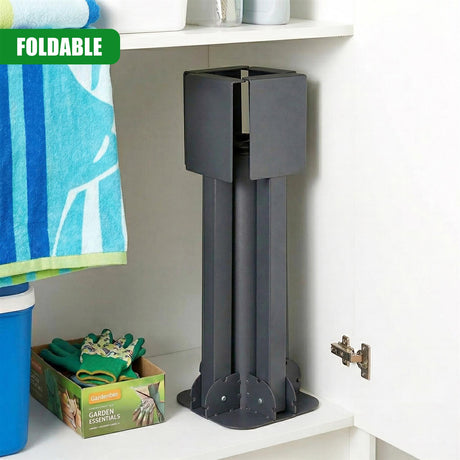 Tall, gray metal base with a rectangular top opening, placed on a white shelf surface.