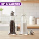 Set of three shakers: glass containers filled with salt and pepper, and an accompanying metal lid.