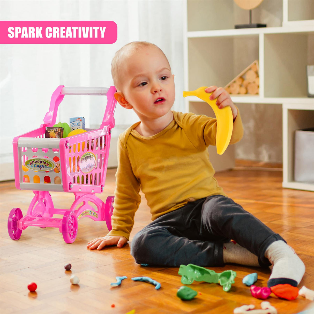 Pink Shopping Trolley Cart Play Food Set by The Magic Toy Shop - UKBuyZone